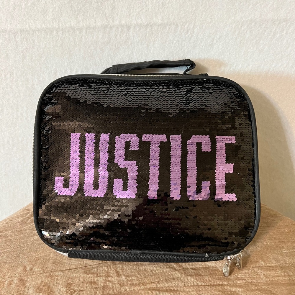 Justice Girls Black Purple Flip Sequin Insulated Lunch Box Bag Sparkle